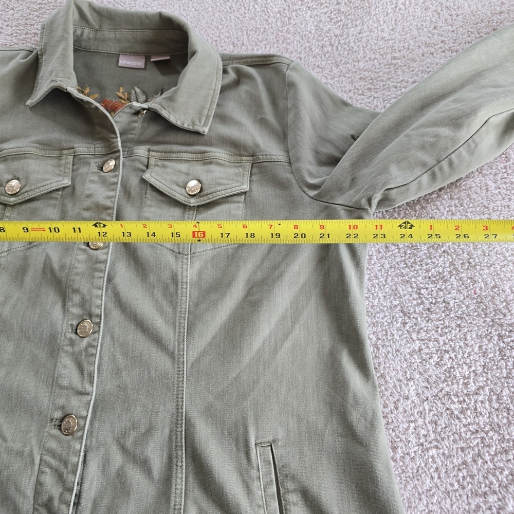 Chico's Sage Green Embroidered Jacket Floral Boho Utility Trucker Frayed Hem XL - Picture 11 of 16